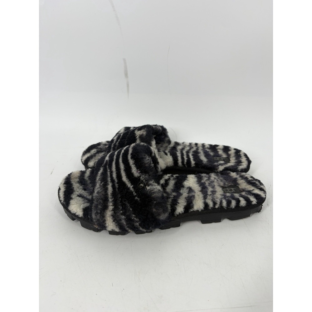 UGG Cozette Zebra Print Slippers Womens 8 / 39 Black White Plush Slide Sandals